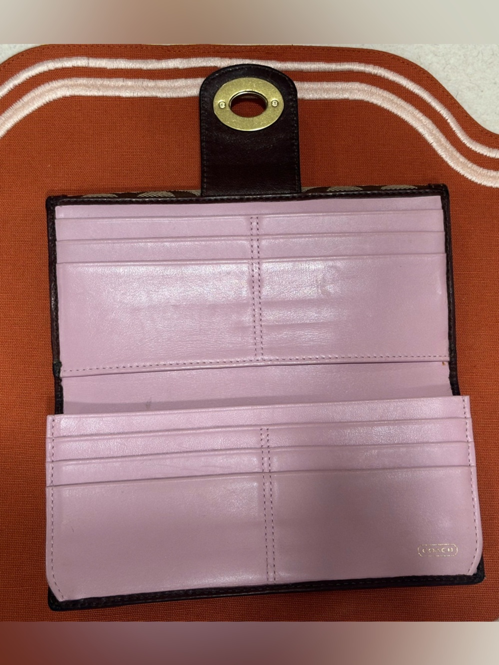 Coach Brown/Tan Signature Turnlock Continental Wallet - Picture 7 of 9